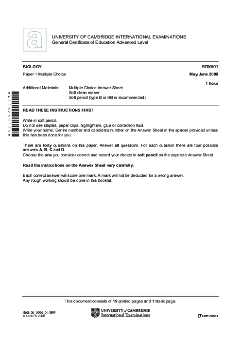 Biology 9700/31 Oct Nov 2007 | Cambridge AS Level Past Papers With Mark Scheme