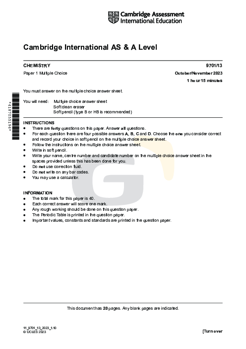 Chemistry 9701/13 Oct Nov 2023 | Cambridge AS Level Past Papers With Mark Scheme