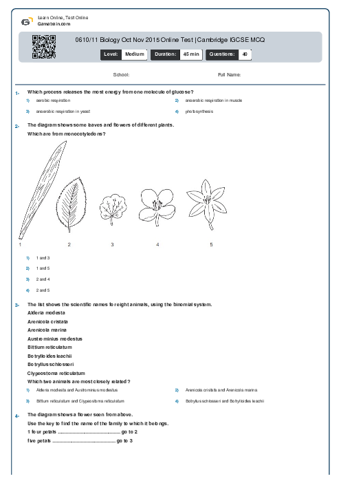 0610/11 Biology Oct Nov 2015 Online Test | Cambridge IGCSE MCQ