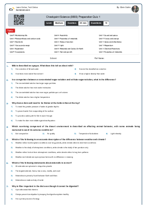 Checkpoint Science (0893) Preparation Quiz 3