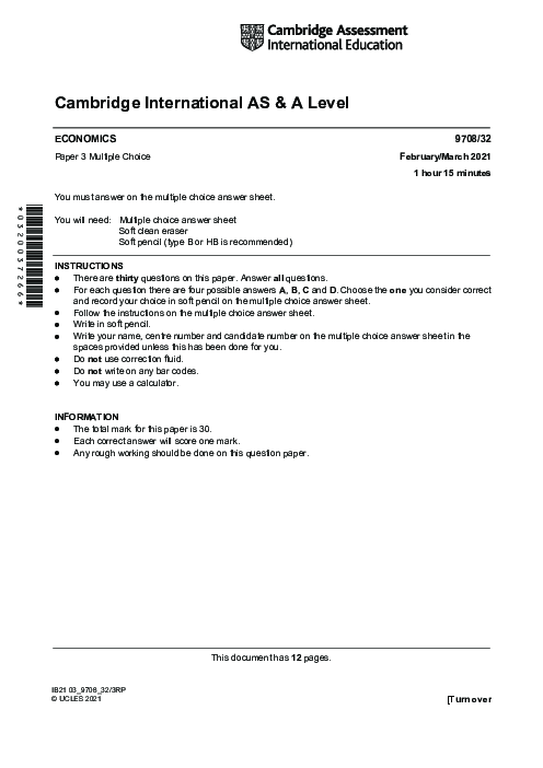 Economics 9708/42 March 2021 | Cambridge AS Level Past Papers With Mark Scheme