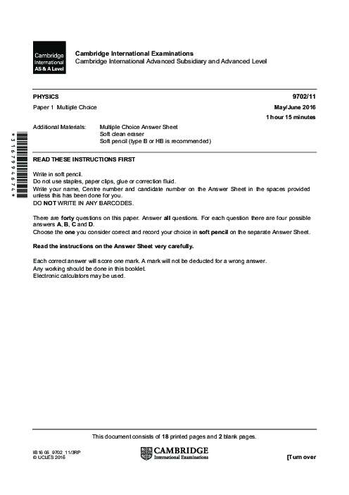 Paper 2, Variant 1, May June 2016 | Cambridge AS - A Level Physics (9702) Past Papers