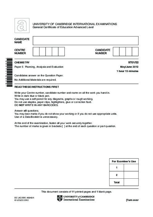 Chemistry 9701/43 May June 2012 | Cambridge AS Level Past Papers With Mark Scheme