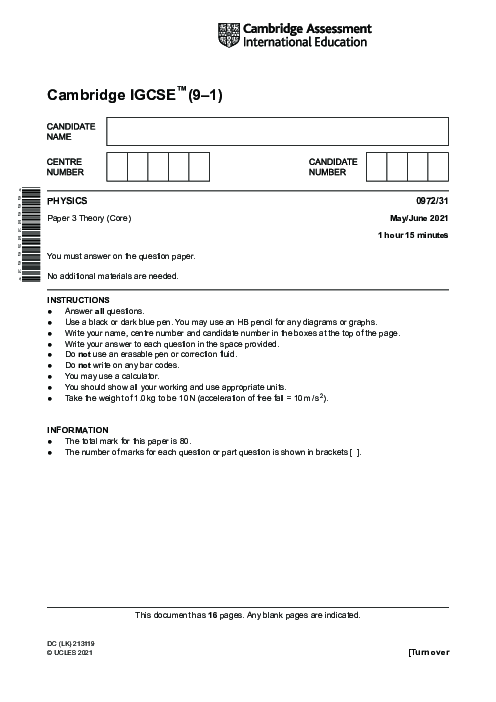 Paper 3, Variant 1, May June 2021 | Cambridge 9–1 GCSE  Physics (0972) Past Papers