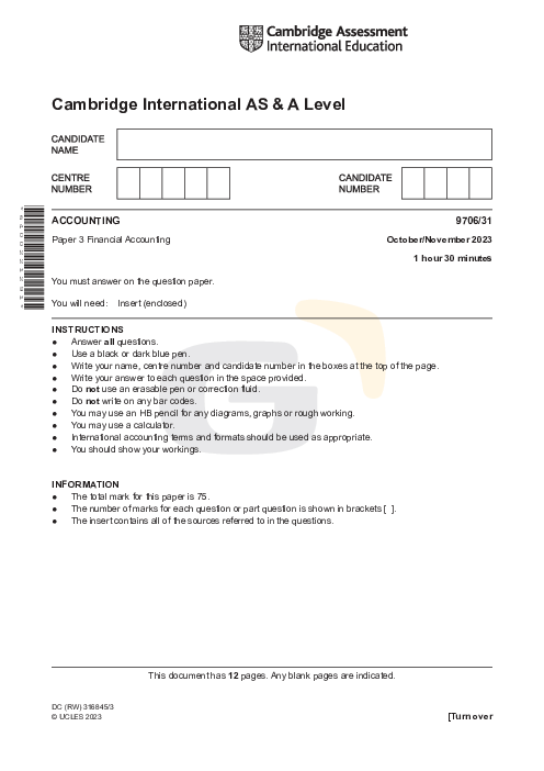 Accounting 9706/31 Oct Nov 2023 | Cambridge AS Level Past Papers With Mark Scheme