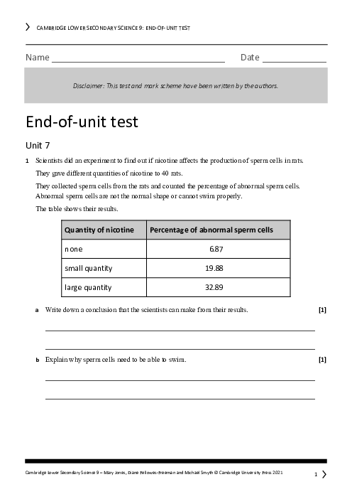 Cambridge Year 9 Science End of Unit 7 Test - Answers Included