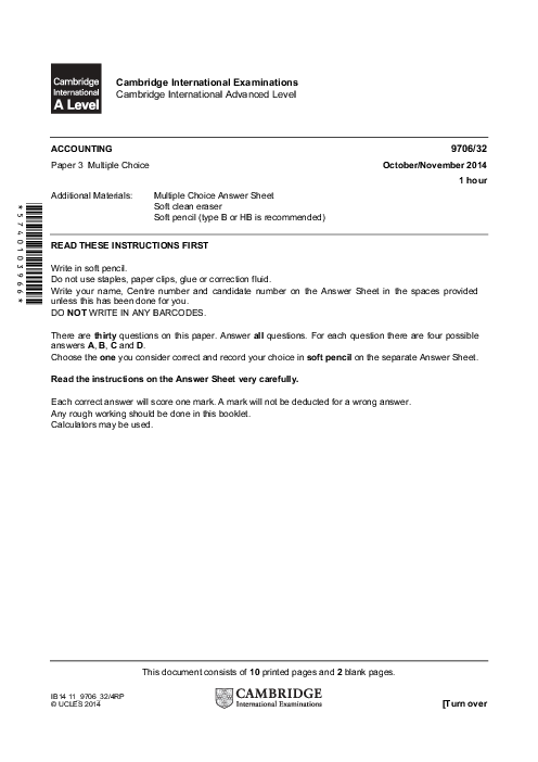 Paper 2, Variant 2, Oct Nov 2014 | Cambridge AS and A Level Accounting (9706) Past Papers