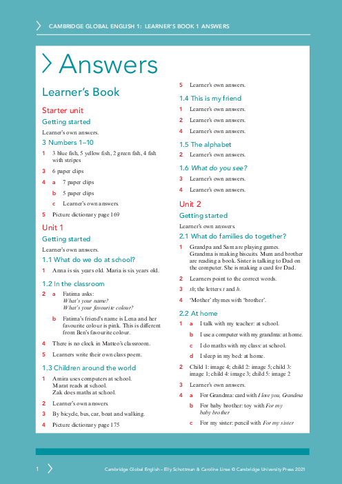 Global English 1 , Learner′s Book Answers Primary Checkpoint | PDF