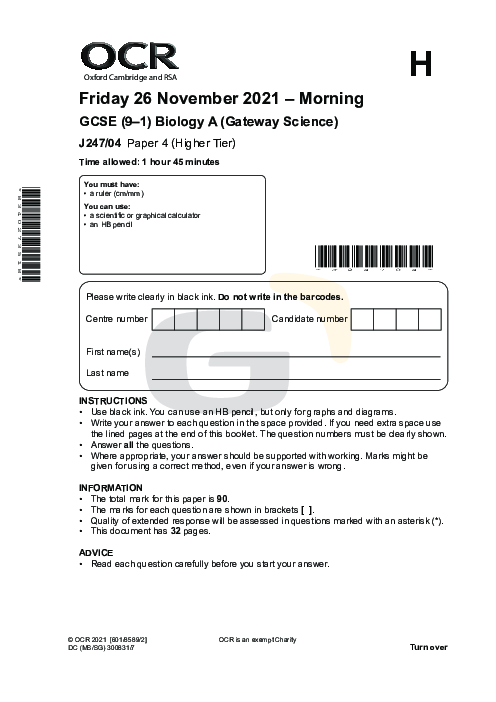 Biology J247,04 Higher November 2021, OCR GCSE Past Papers with Mark Schemes