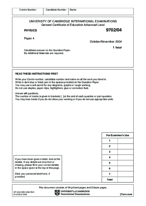 Paper 4, Oct Nov 2004 | Cambridge AS - A Level Physics (9702) Past Papers