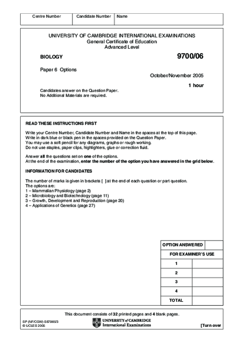 Biology 9700/06 Oct Nov 2005 | Cambridge AS Level Past Papers With Mark Scheme