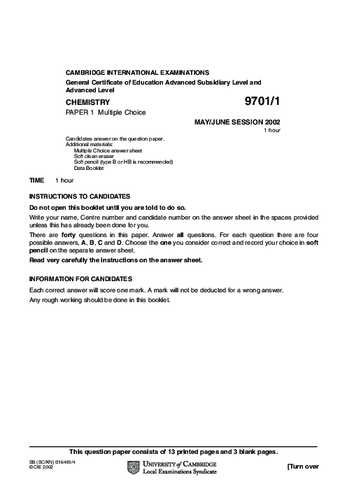 Chemistry 9701/01 May June 2002 | Cambridge AS Level Past Papers With Mark Scheme