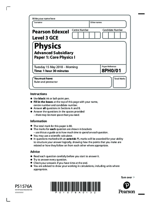  Physics 8PH0/01 May June  2018 | Edexcel  AS Level Past Papers With Mark Scheme