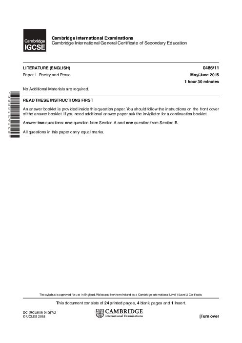 English-Literature 0486/11 May June 2015