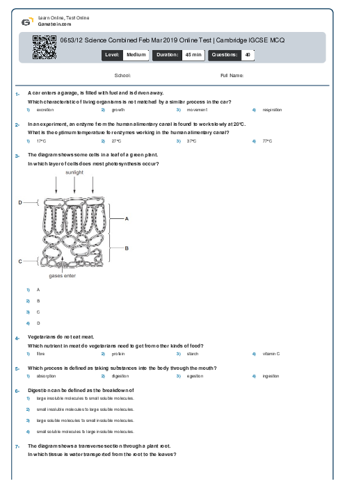 0653/12 Science Combined Feb Mar 2019 Online Test | Cambridge IGCSE MCQ