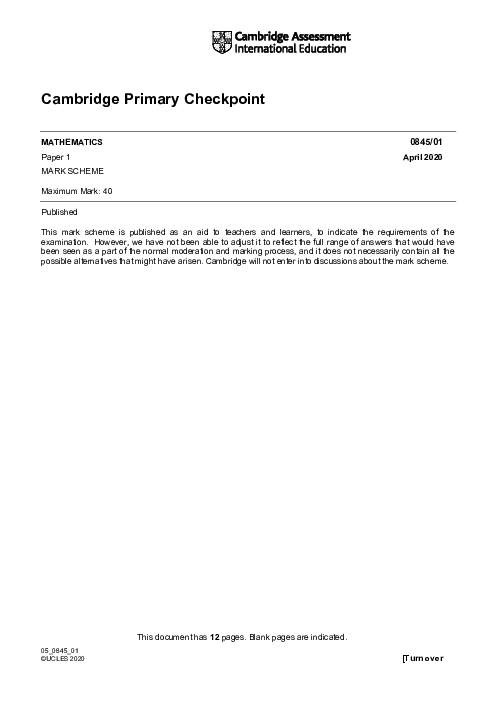 MATHEMATICS 0845,01 April 2020 | Cambridge Primary Checkpoint Past Papers and Mark Schemes