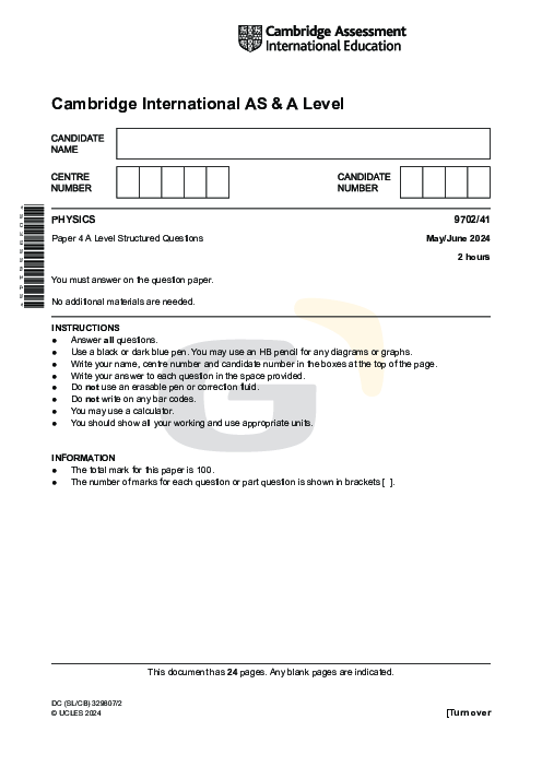 Physics 9702/41 May June 2024 | Cambridge AS Level Past Papers With Mark Scheme