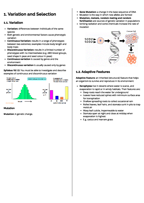 Biology (0610) Variation and Selection Revision Note