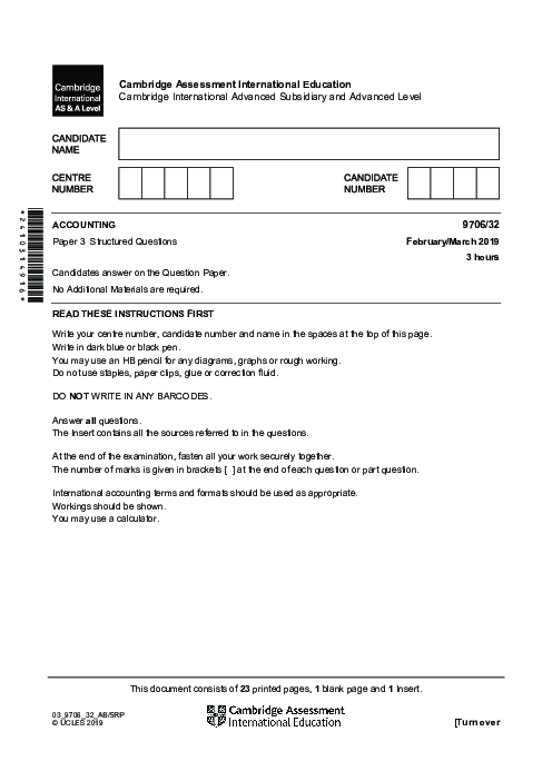 Accounting 9706/32 March 2019 | Cambridge AS Level Past Papers With Mark Scheme