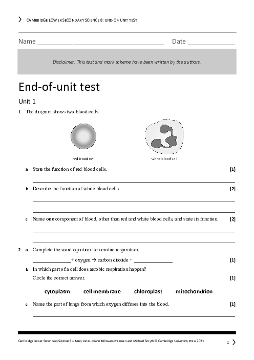 Year 8 Science End of Unit 1 Test - Answers Included
