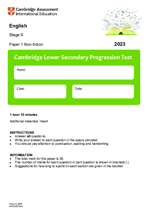 Progression Test Stage 9 English 2023 Paper 1 With Mark Scheme