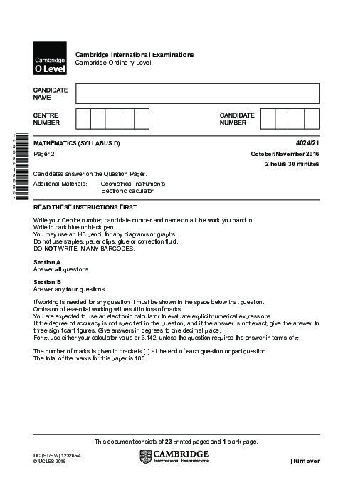 Mathematics Syllabus D 4024/21 Oct Nov 2016