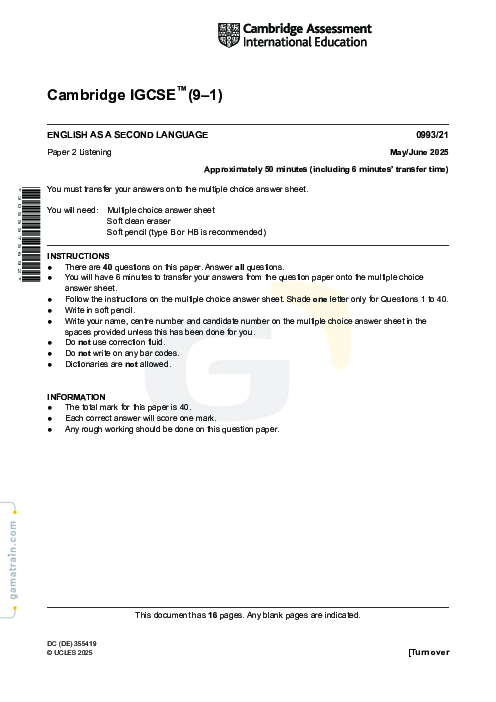 English as a Second Language 0993/21 May June 2025