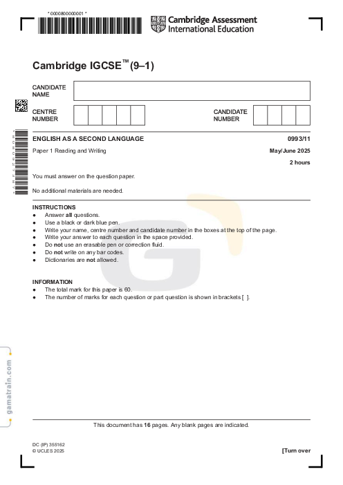 English as a Second Language 0993/11 May June 2025