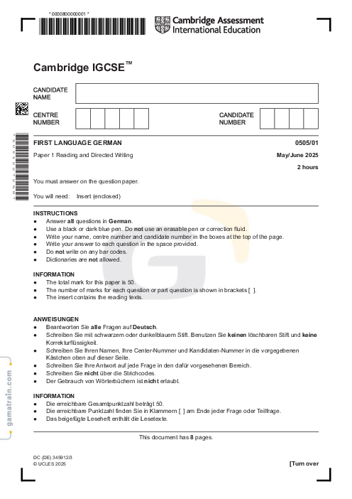 German First Language 0505/01 May June 2025