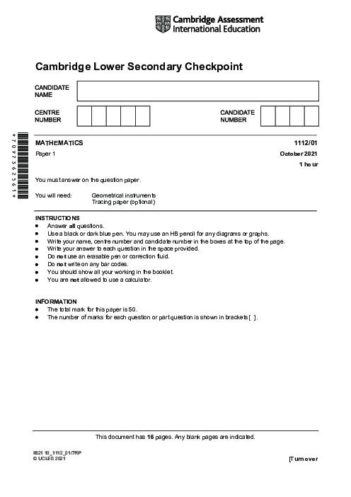 MATHEMATICS 1112,01 October 2021 | Cambridge Lower secondary Checkpoint Past Papers with Mark Schemes