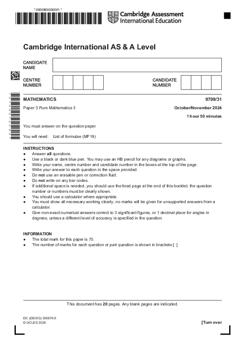  Mathematics 9709,31 Oct Nov 2024 | Cambridge AS - A Level Past Papers With Mark Scheme