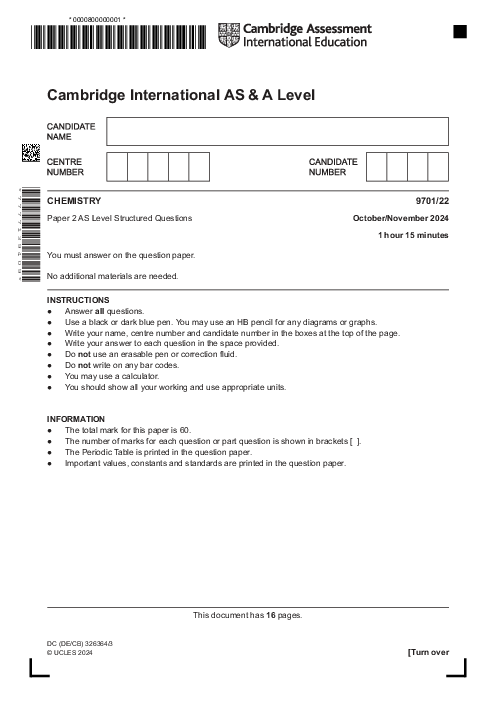 Chemistry 9701,22 Oct Nov 2024 | Cambridge AS - A Level Past Papers With Mark Scheme