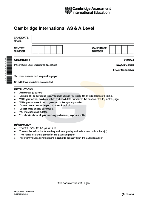 Chemistry 9701/23 May June 2024 | Cambridge AS Level Past Papers With Mark Scheme