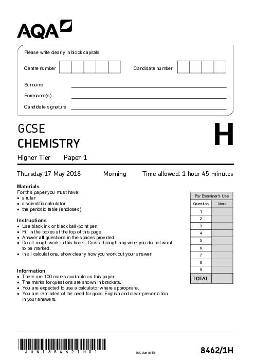 Chemistry 8462/1H June 2018