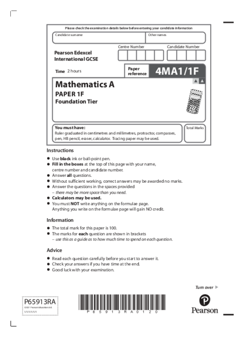 Mathematics (A) 4MA1/1F November 2021 | Edexcel IGCSE Past Papers With Mark Scheme