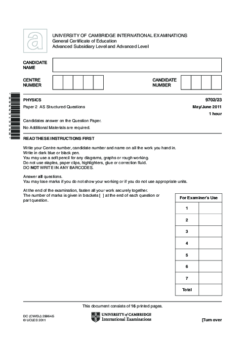 Paper 1, Variant 1, May June 2011 | Cambridge AS - A Level Physics (9702) Past Papers