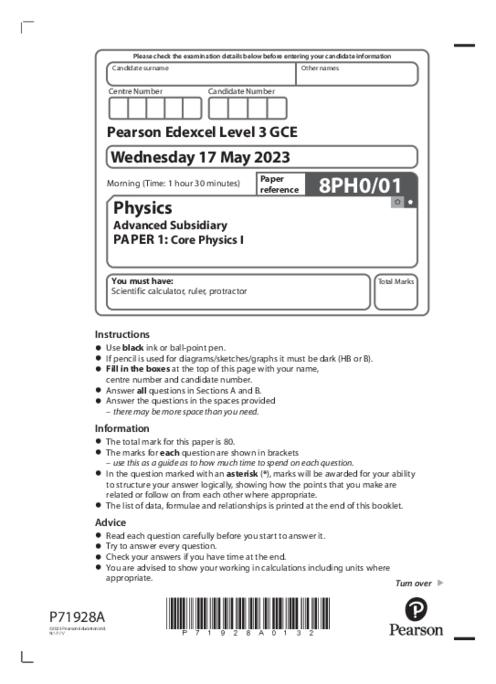  Physics 8PH0/01 May June  2023 | Edexcel  AS Level Past Papers With Mark Scheme