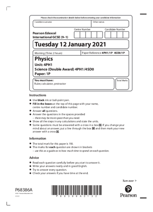  Physics 4PH1/1P January  2021 | Edexcel IGCSE Past Papers With Mark Scheme