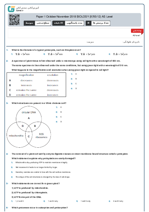 9700/12 Biology Oct Nov 2018 Online Test | Cambridge AS and A Level MCQ