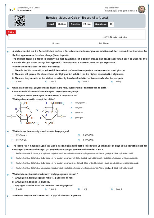 Biological Molecules Quiz (4) Biology AS Level