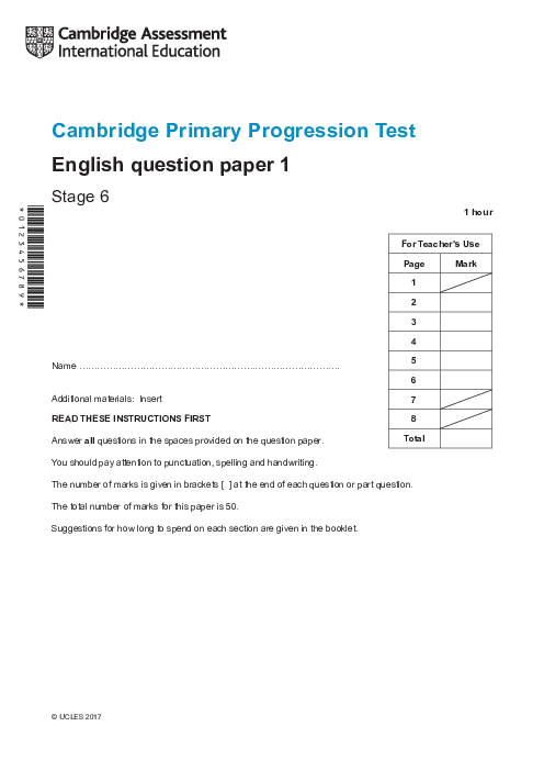 Cambridge Progression Test Stage 6 English 2017 Paper 1