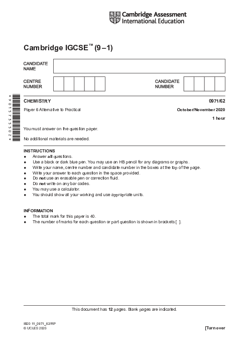  Chemistry 0971/62 Oct Nov 2020 | Cambridge 9–1 IGCSE Past Papers With Mark Scheme