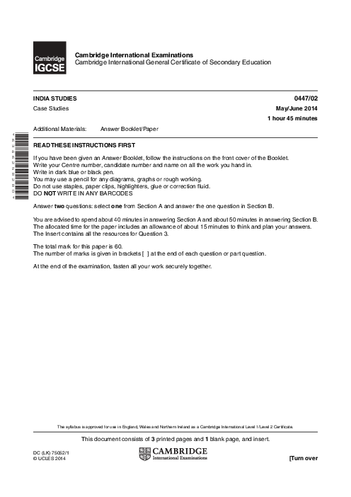 India Studies 0447/02 May June 2014