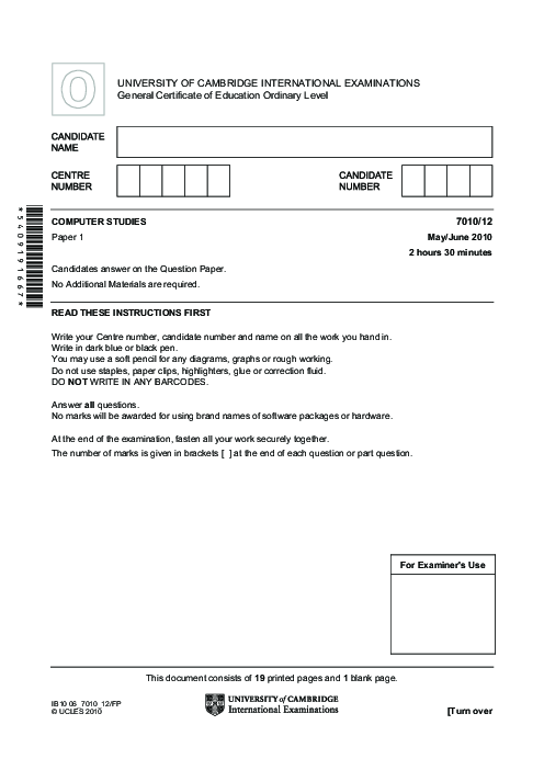  Computer Studies 7010/12 May June 2010 | Cambridge O-Level Past Papers With Mark Scheme