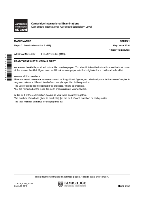 Mathematics 9709/31 May June 2016 | Cambridge AS & A Level Past Papers With Mark Scheme