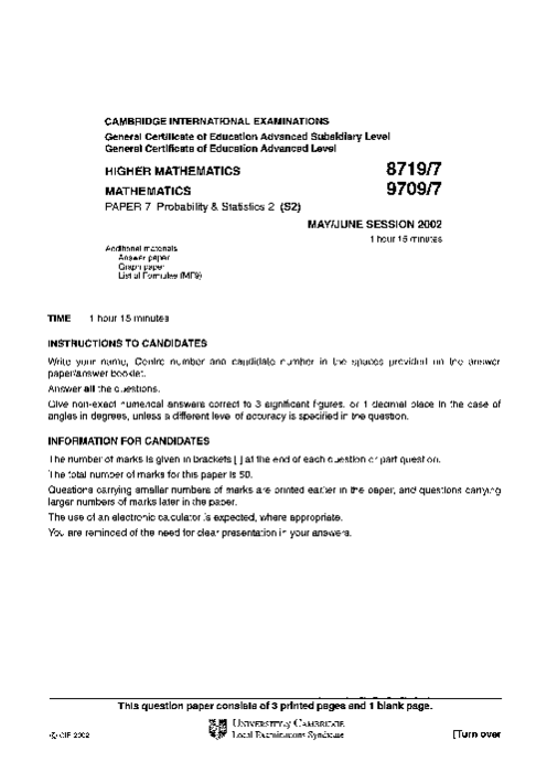 Mathematics 9709/07 May June 2002 | Cambridge AS & A Level Past Papers With Mark Scheme