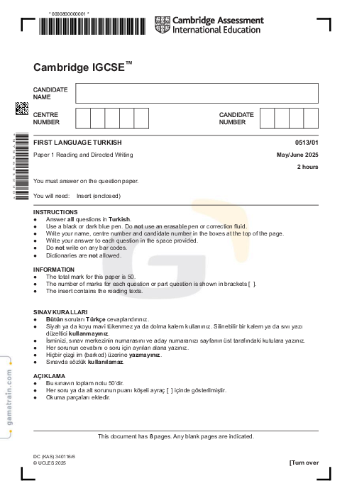 Turkish First Language 0513/01 May June 2025