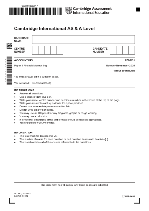 Accounting 9706,31 Oct Nov 2024 | Cambridge AS - A Level Past Papers With Mark Scheme