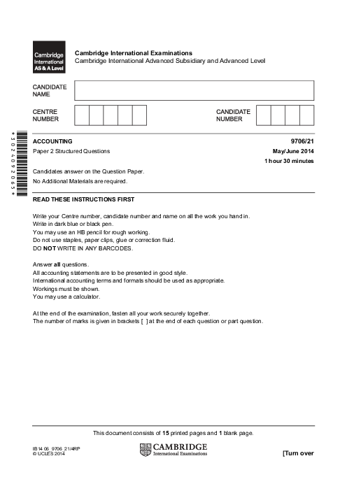 Accounting 9706/21 May June 2014 | Cambridge AS Level Past Papers With Mark Scheme