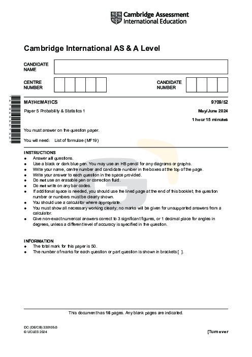 Mathematics 9709/52 May June 2024 | Cambridge AS & A Level Past Papers With Mark Scheme